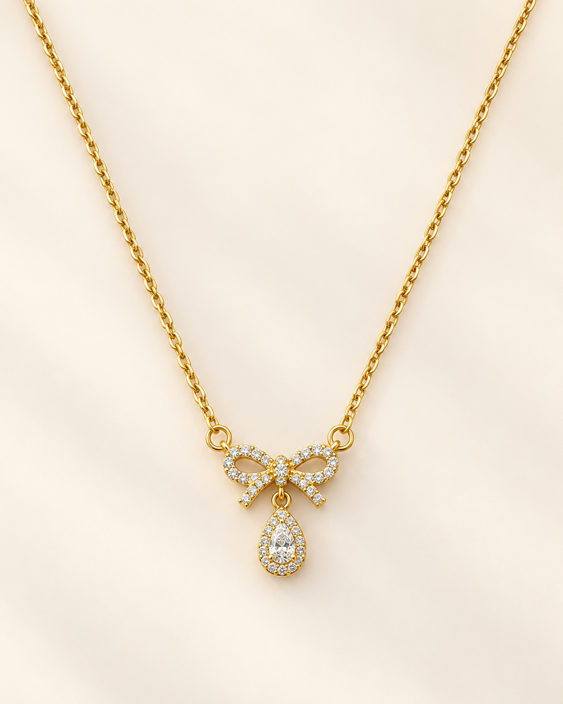 Golden Crystal Bow Teardrop Necklace