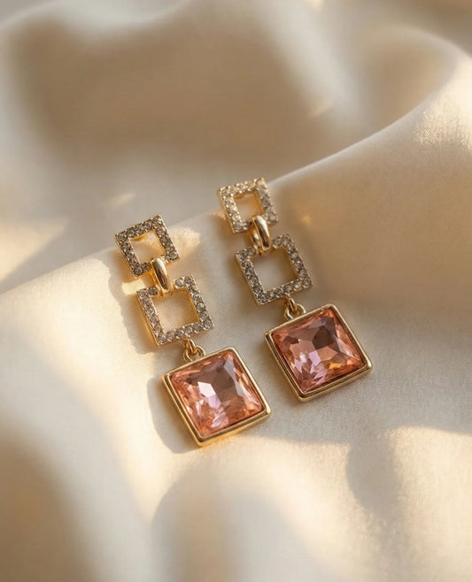square link pink crystal earrings jewellery