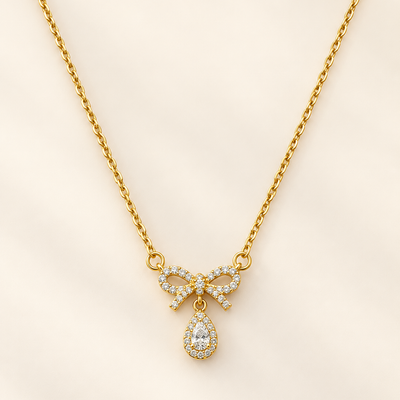 Golden Crystal Bow Teardrop Necklace