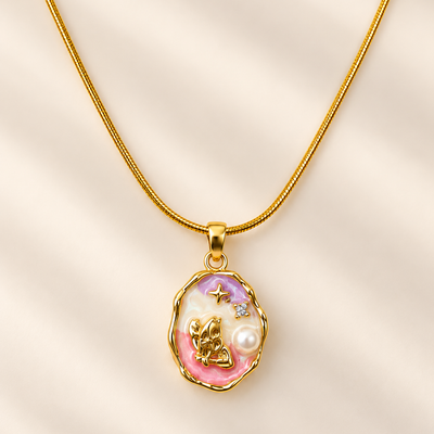 Pink Enamel Lucky Cat Pendant Necklace
