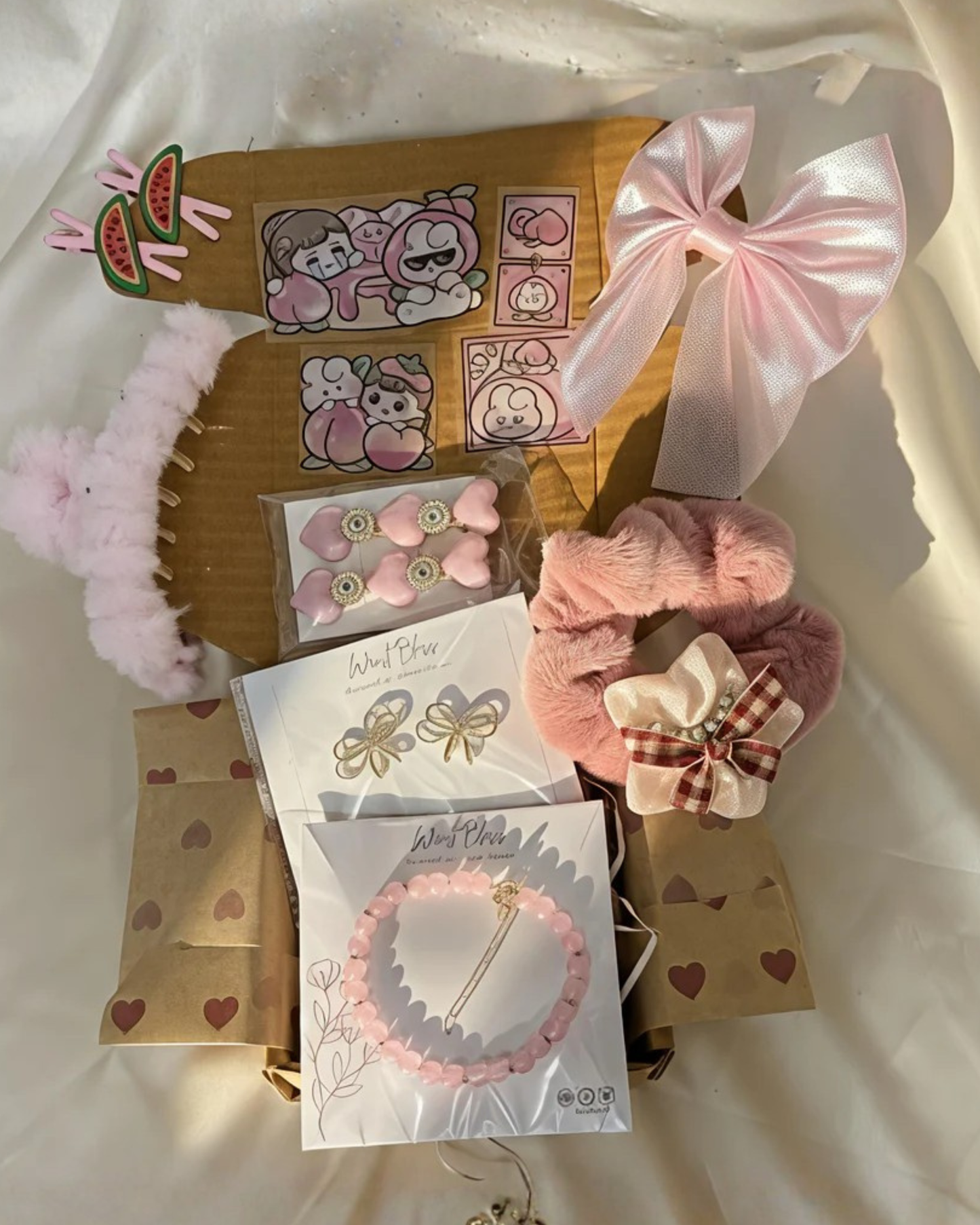 Aesthetic pink hamper with jewelry and collectibles