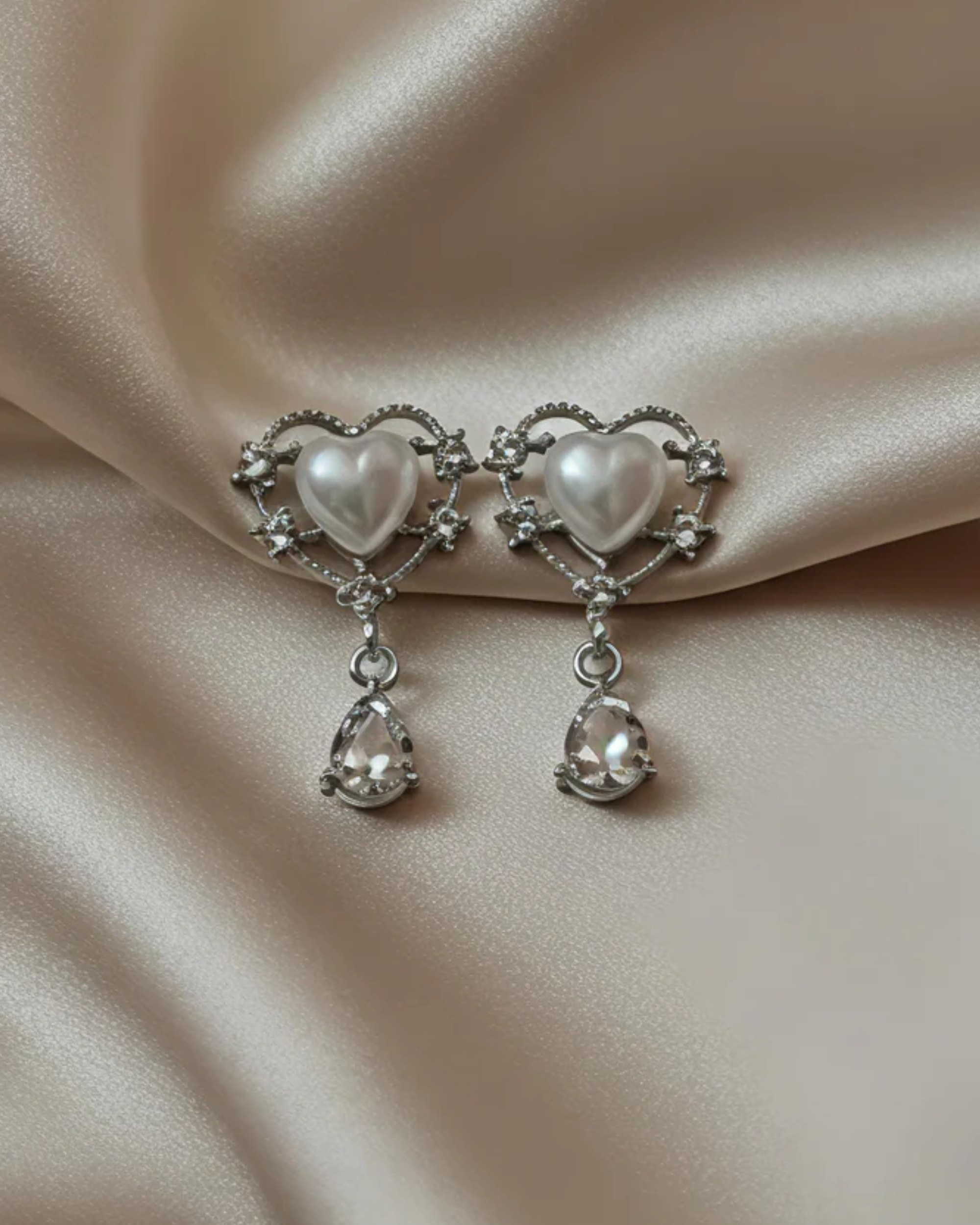 anti tarnish heart pearl crystal drop earrings