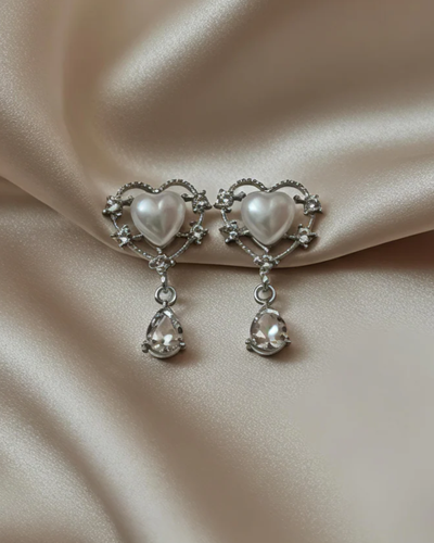Anti-Tarnish Heart Pearl Crystal Drop Earrings