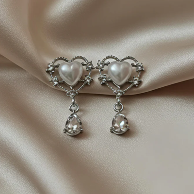 anti tarnish heart pearl crystal drop earrings