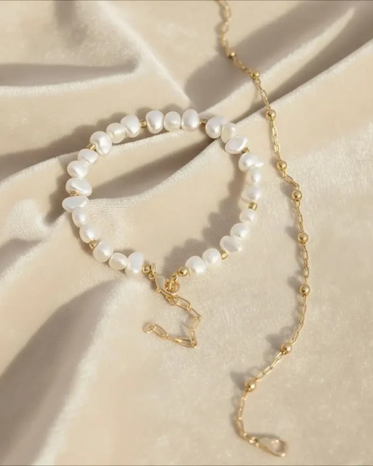 handmade pearl bracelet with gold chain