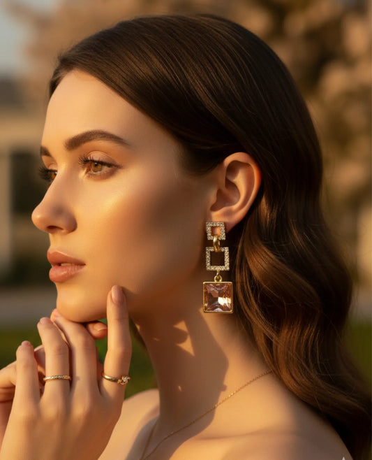 pink crystal square link earrings