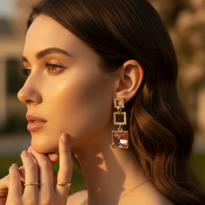 pink crystal square link earrings