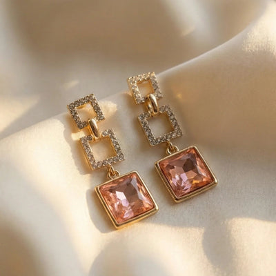 square link pink crystal earrings jewellery